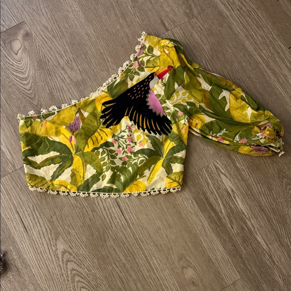 Floral One-Shoulder Top with Bird Design